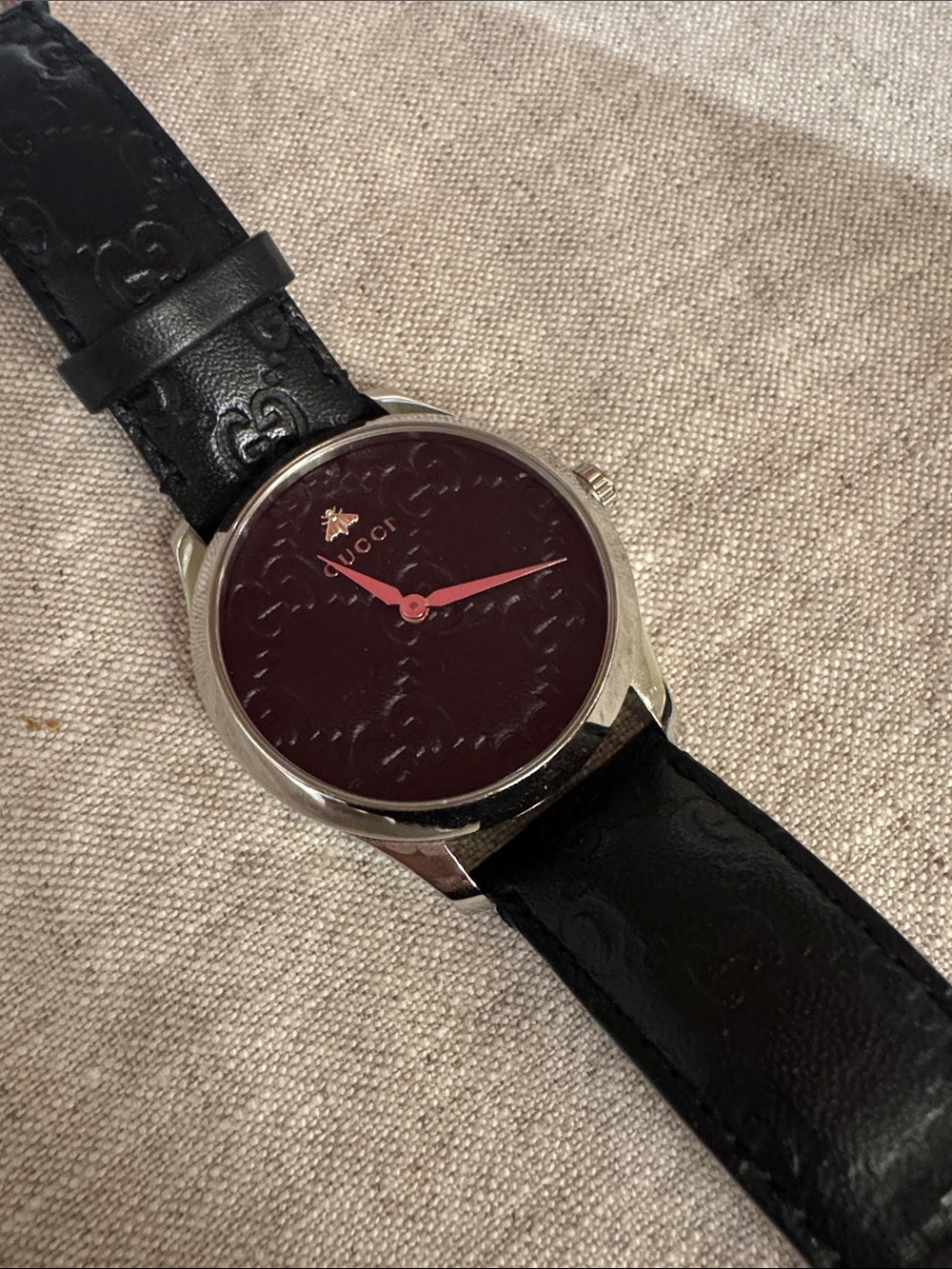 Gucci Black Leather Strap Watch with Black Dial and Silver Hands